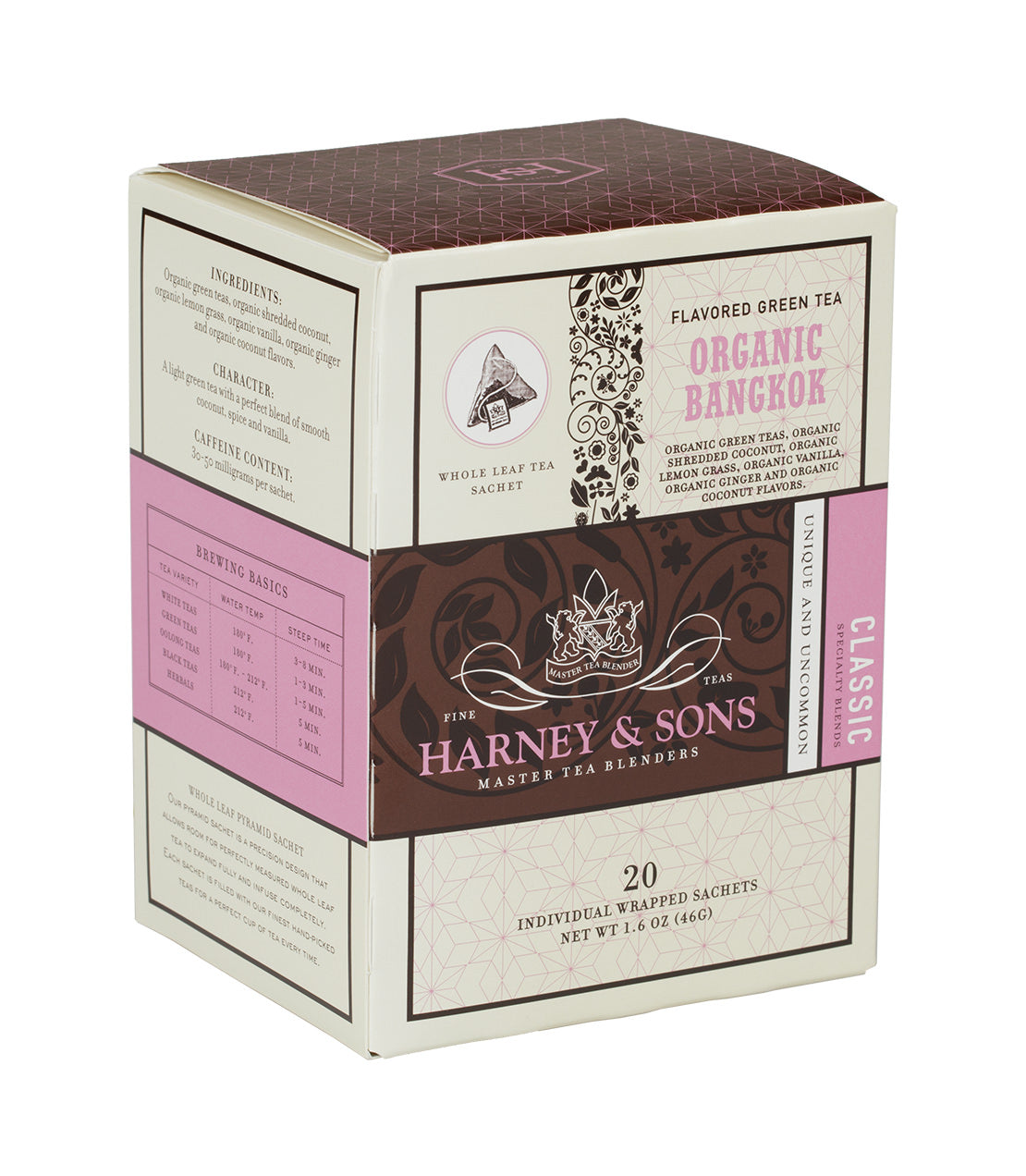 Box of Harney & Sons Organic Bangkok green tea with coconut, ginger, and vanilla, featuring 20 individual sachets.