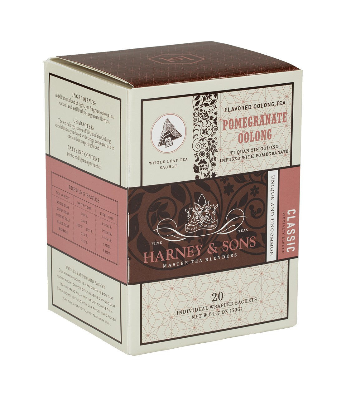 Harney & Sons Pomegranate Oolong tea box with 20 individual sachets, featuring ingredients and flavor profile details.