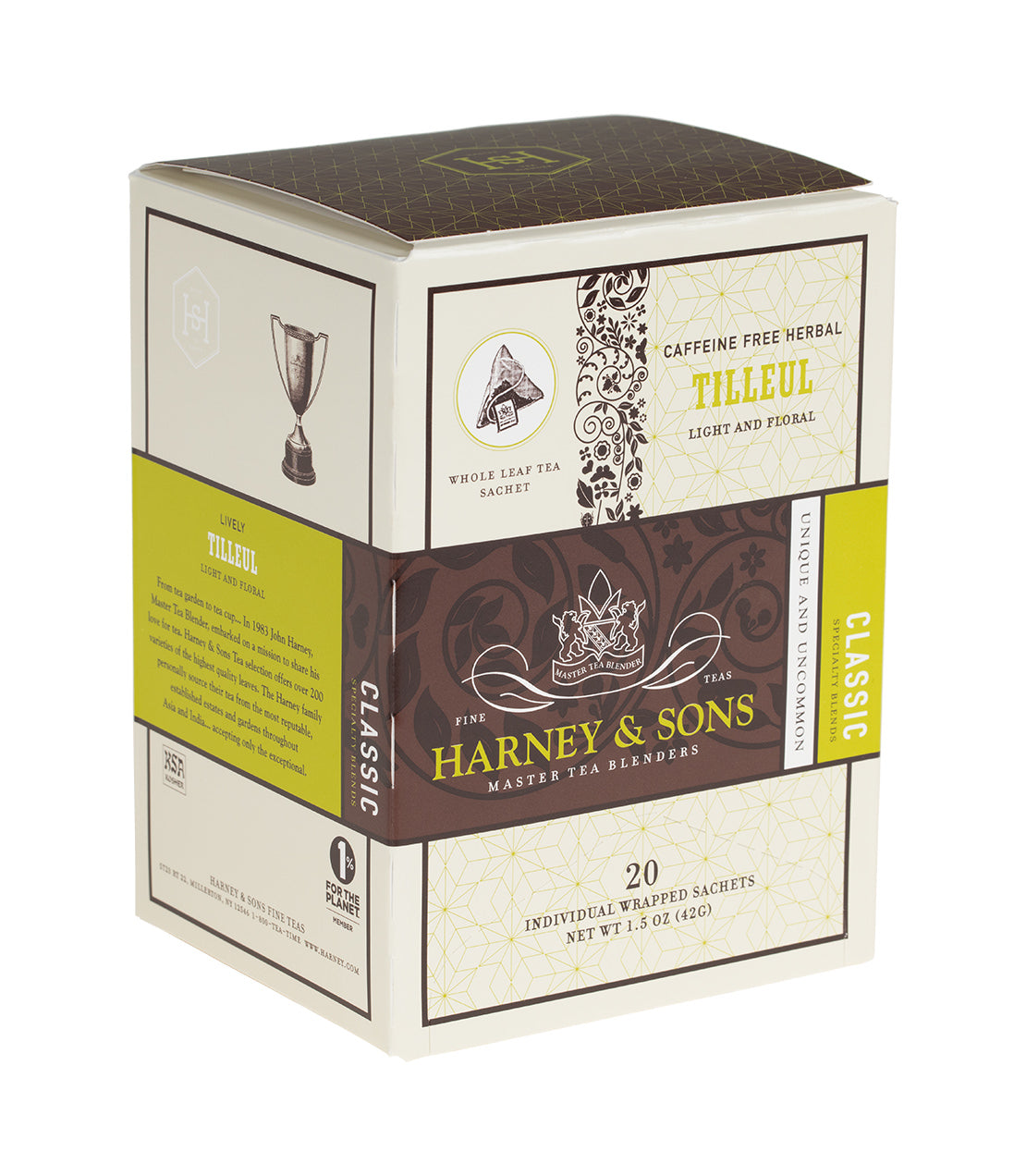 Box of Harney & Sons Tilleul herbal tea sachets, featuring a light and floral design, caffeine-free, 20 sachets.