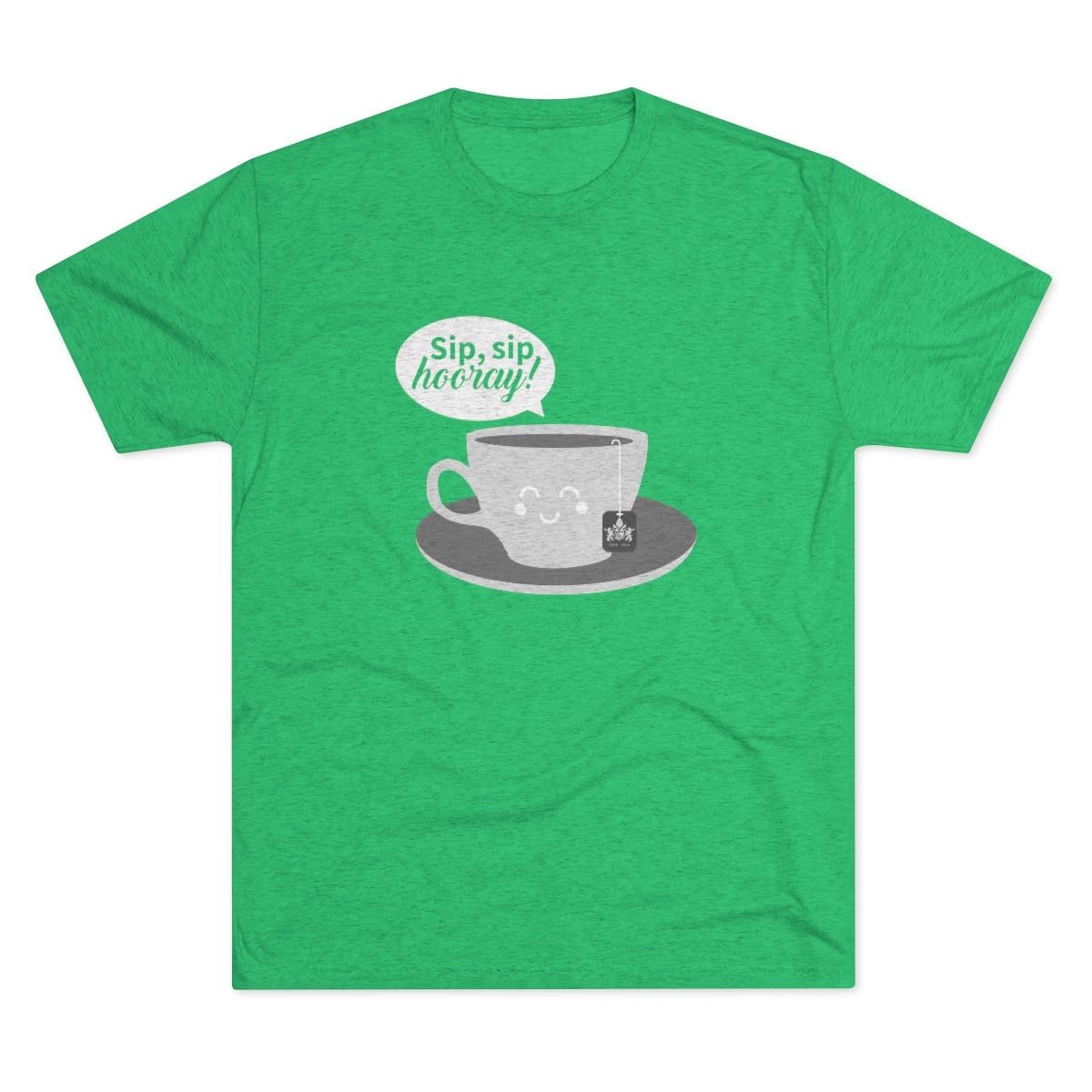 Green graphic tee featuring a smiling coffee cup and the text "Sip, sip hooray!" on a gray saucer.