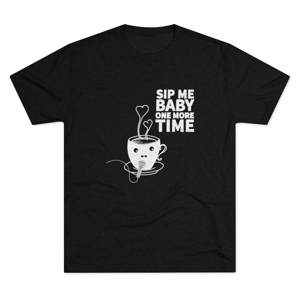 Black graphic tee featuring a playful coffee cup design with the text "Sip Me Baby One More Time.