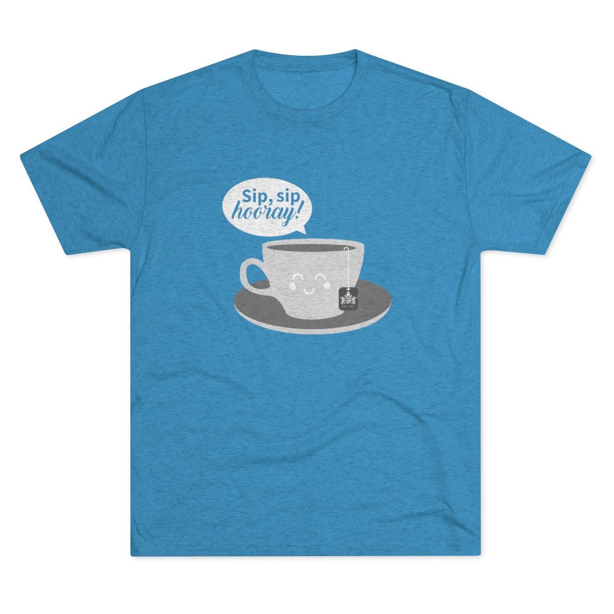 Blue graphic tee featuring a smiling coffee cup and the text "Sip, sip hooray!" in a playful font.