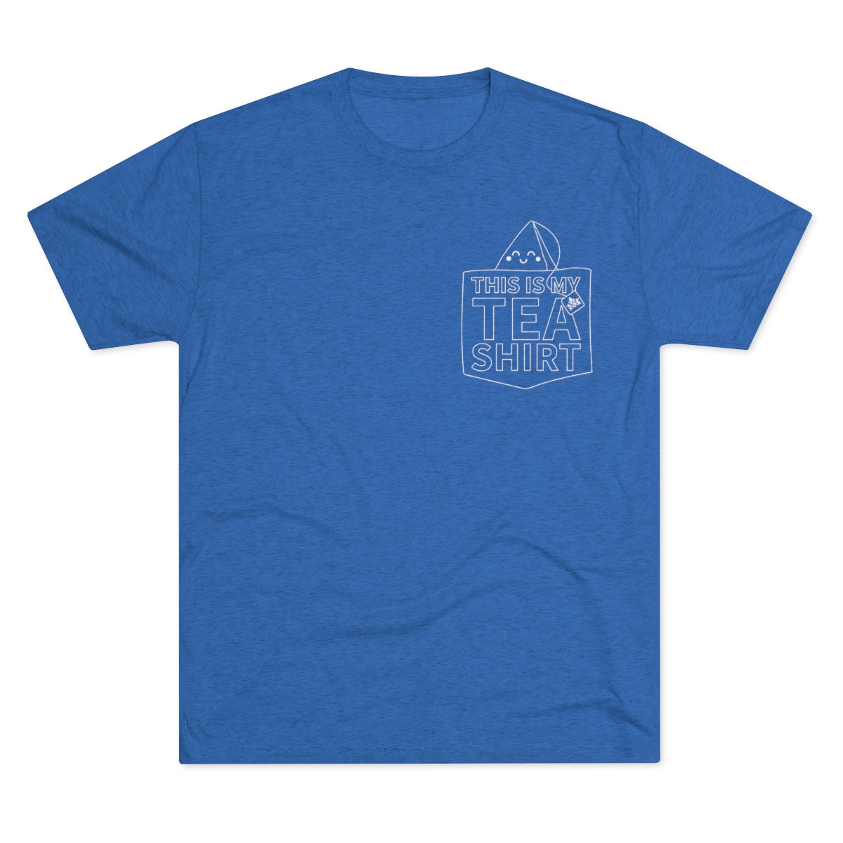 Blue graphic tee featuring the text "This Is My TEA SHIRT" with a tea bag illustration on the pocket.