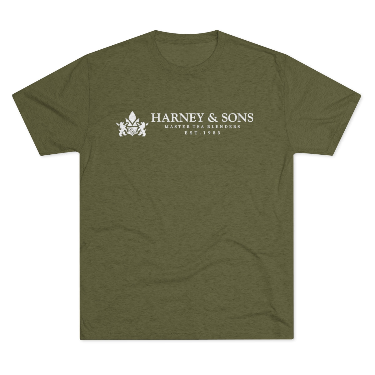 Olive green graphic tee featuring "Harney & Sons Master Tea Blenders Est. 1983" in white text.