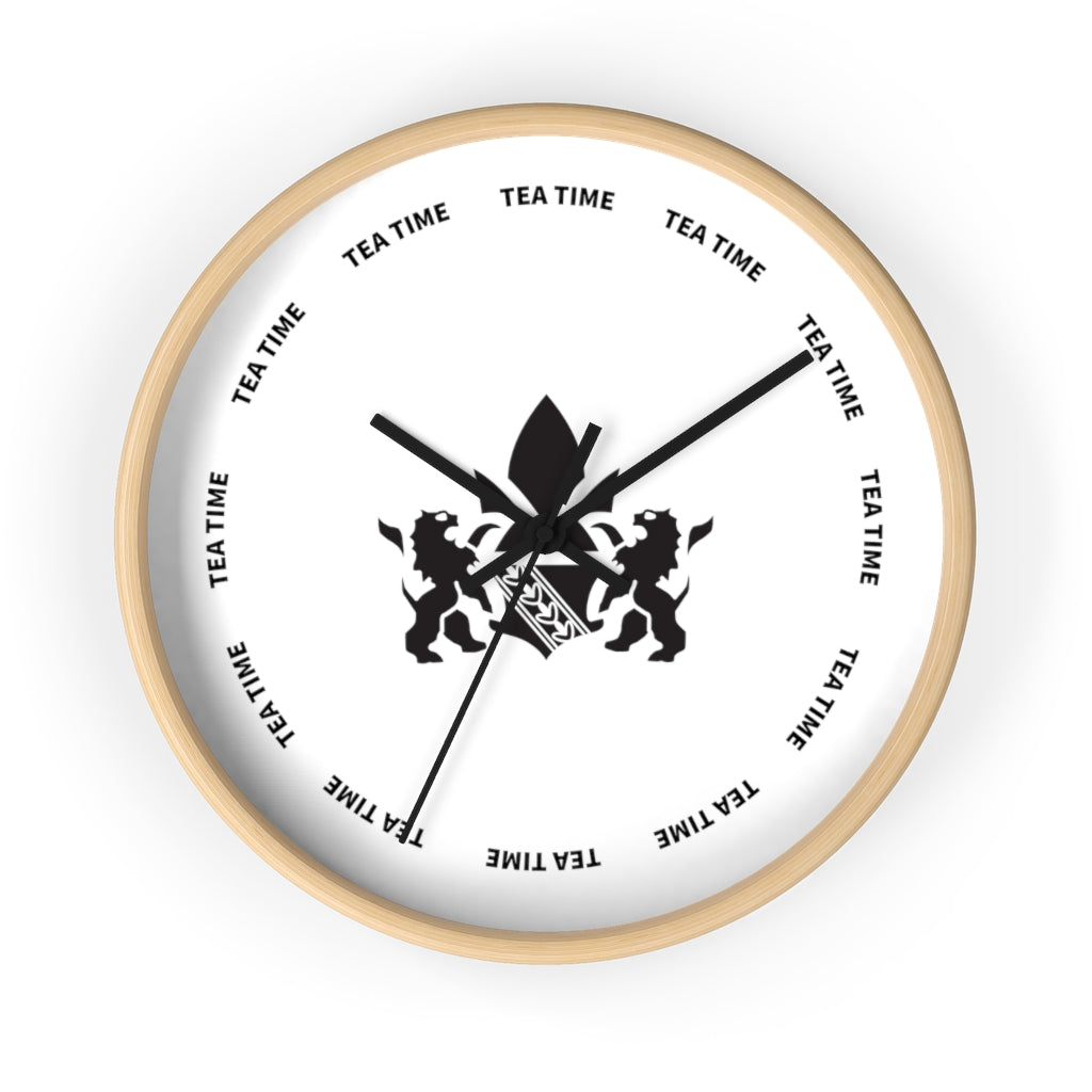Stylish wall clock featuring a minimalist design with "Tea Time" text and lion motifs. Perfect for tea lovers.