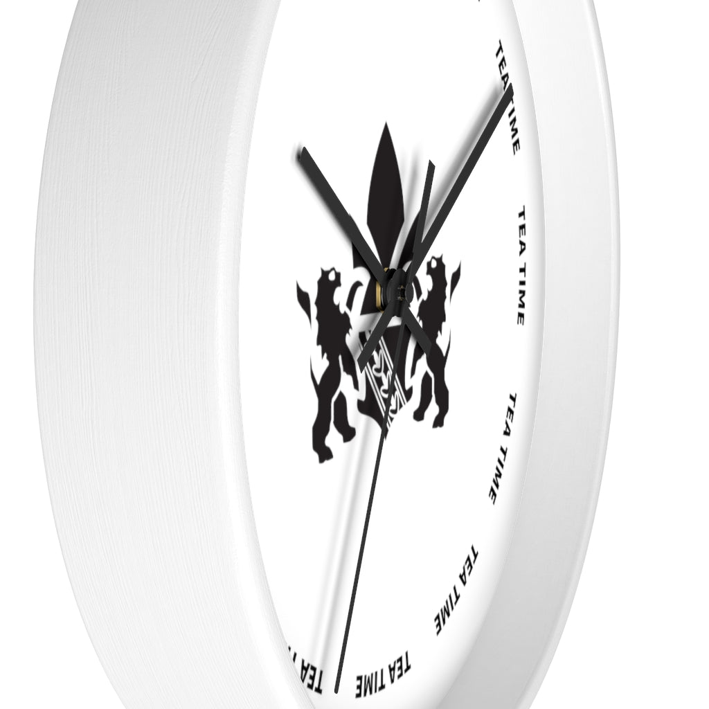 White wall clock featuring a black tea time design and bold hour markers. Perfect for tea lovers.