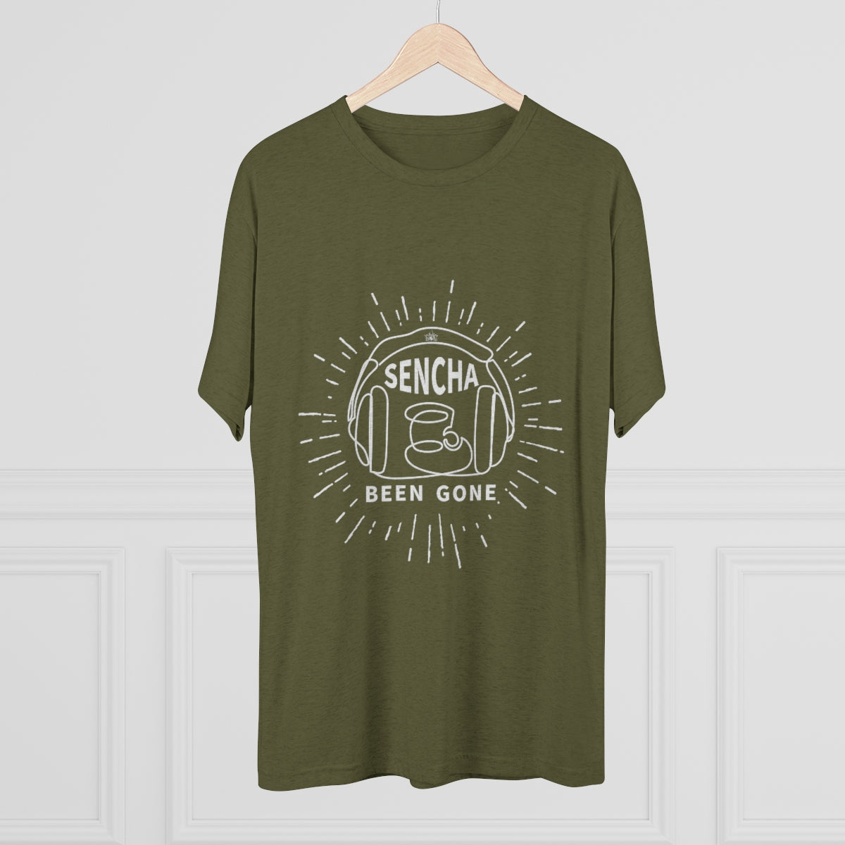 Olive green graphic tee featuring "Sencha Been Gone" text and a tea cup design with headphones.