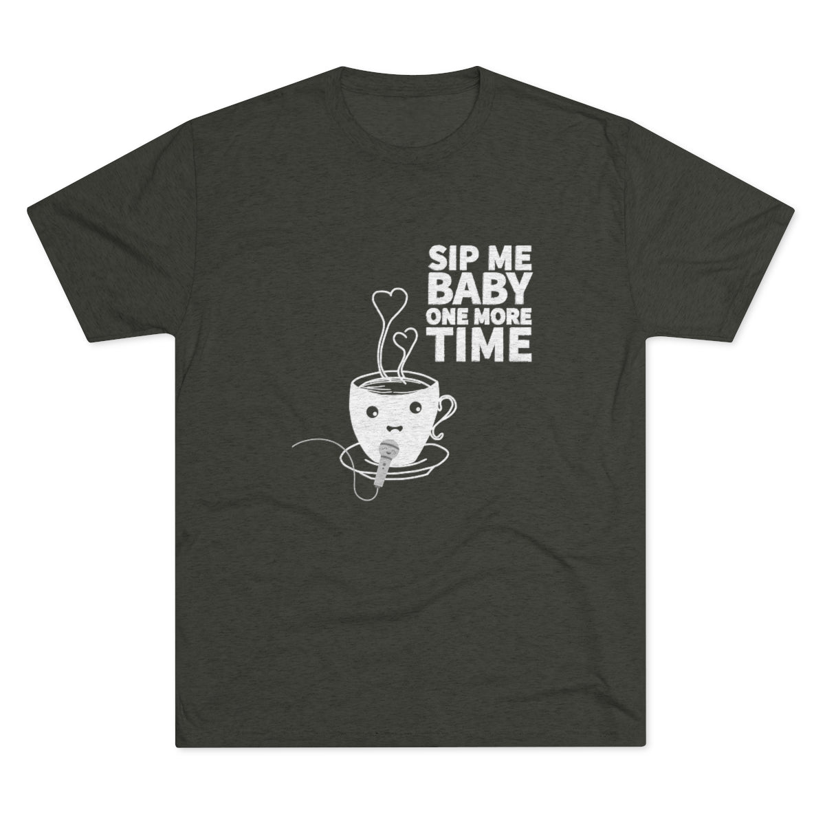Green graphic tee featuring a playful coffee cup design with the text "Sip Me Baby One More Time.