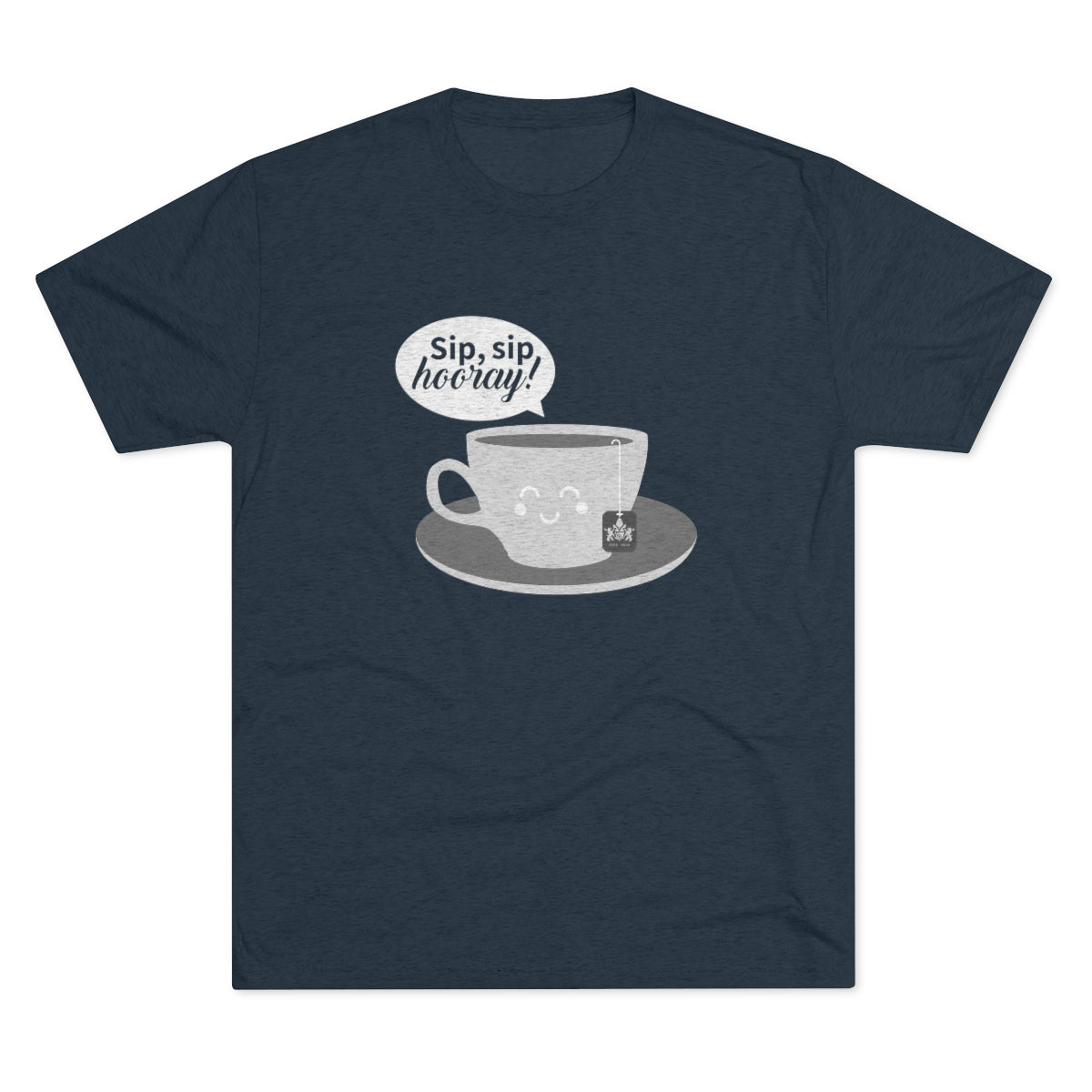 Navy graphic tee featuring a smiling coffee cup and the text "Sip, sip hooray!" in a speech bubble.
