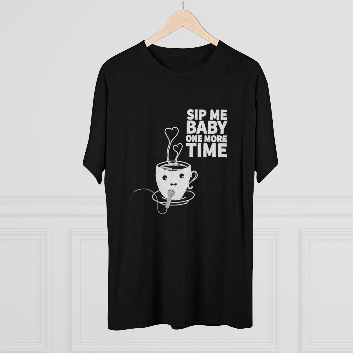 Black graphic tee featuring a cute coffee cup design with the text "Sip Me Baby One More Time.
