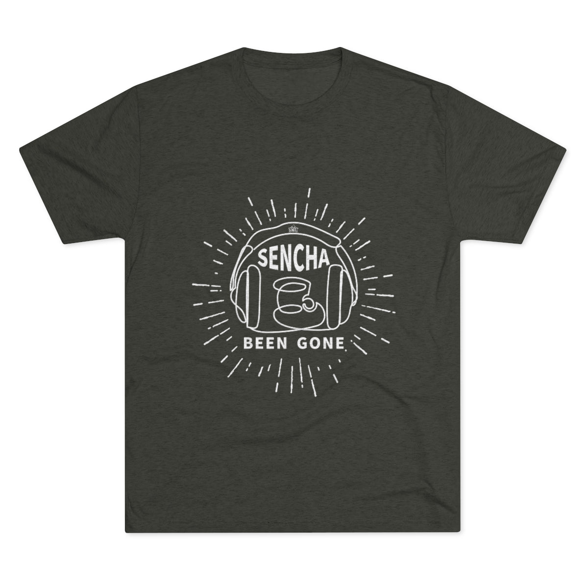 Olive green graphic tee featuring "Sencha Been Gone" text and a tea cup design with sunburst elements.