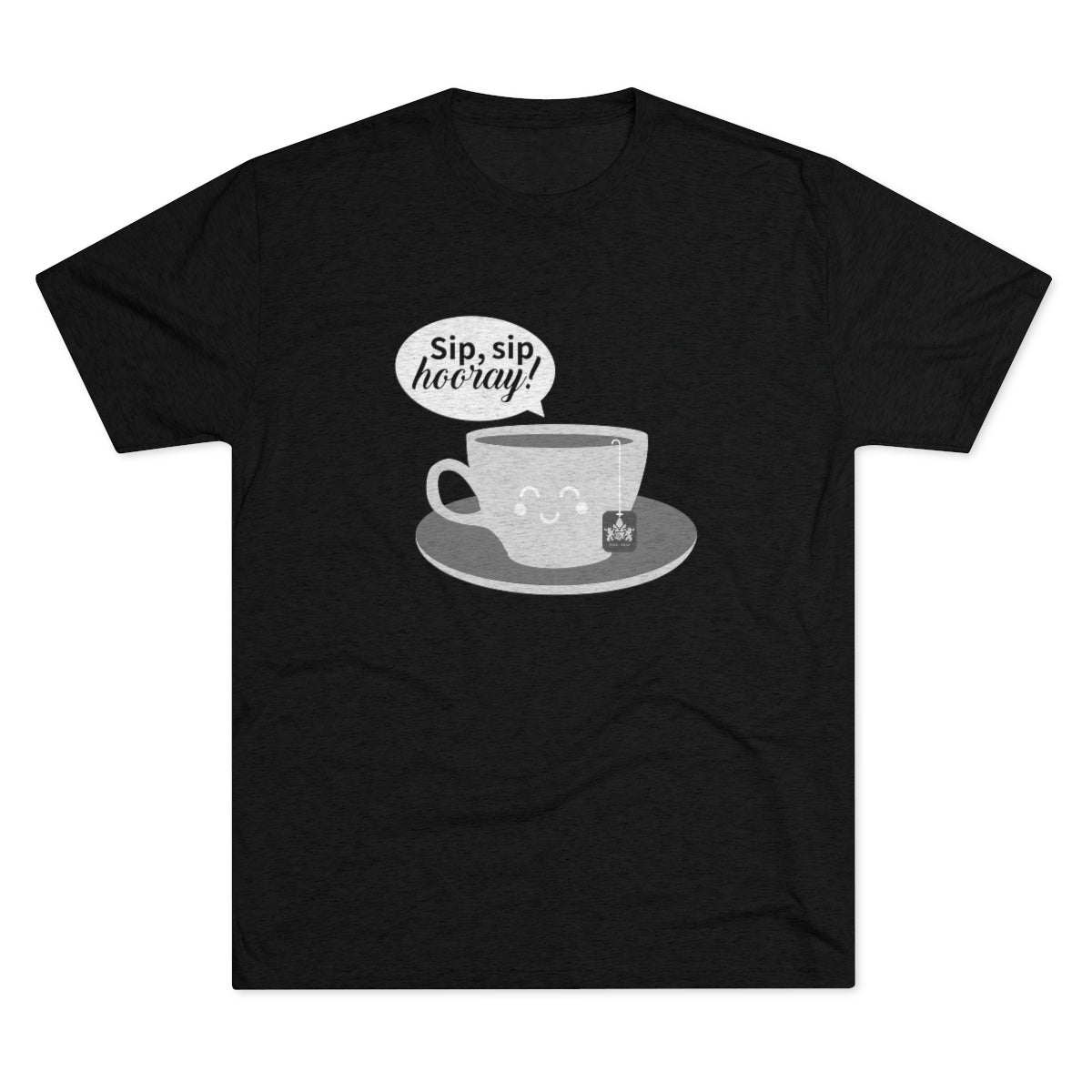 Black graphic tee featuring a smiling teacup and the text "Sip, sip hooray!" in a playful font.