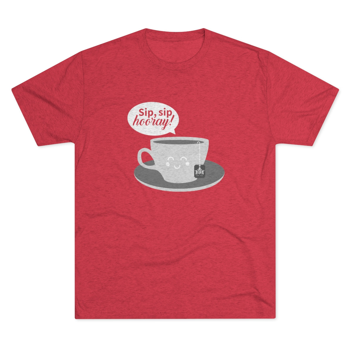 Red graphic tee featuring a smiling coffee cup and the text "Sip, sip hooray!" in a playful font.
