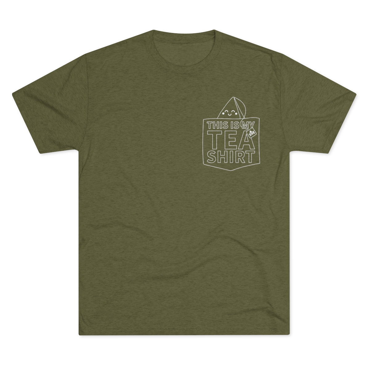 Olive green graphic tee featuring the text "This Is My Tea Shirt" with a tea bag illustration.