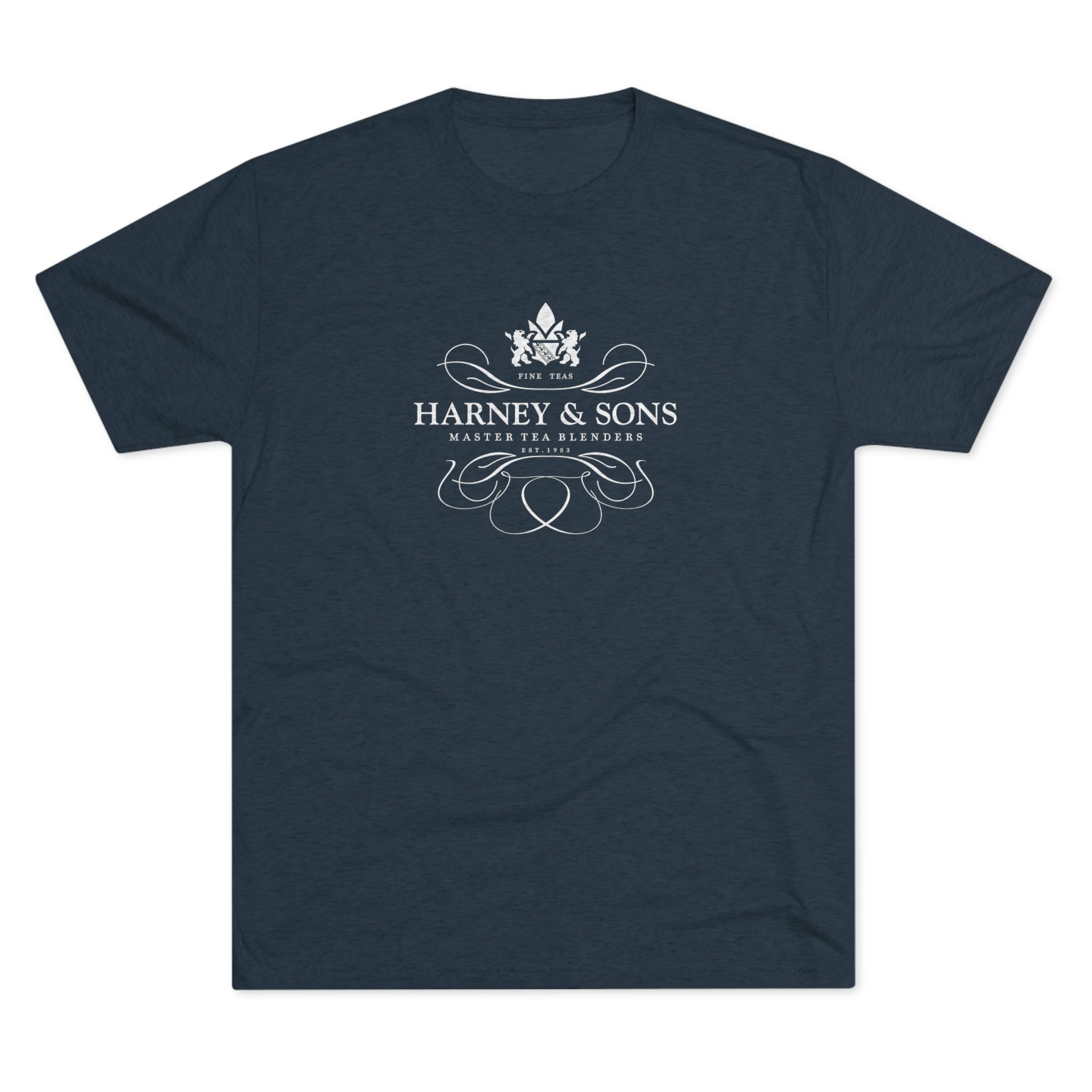 Navy graphic tee featuring the Harney & Sons logo with elegant design elements and text. Perfect for tea lovers.