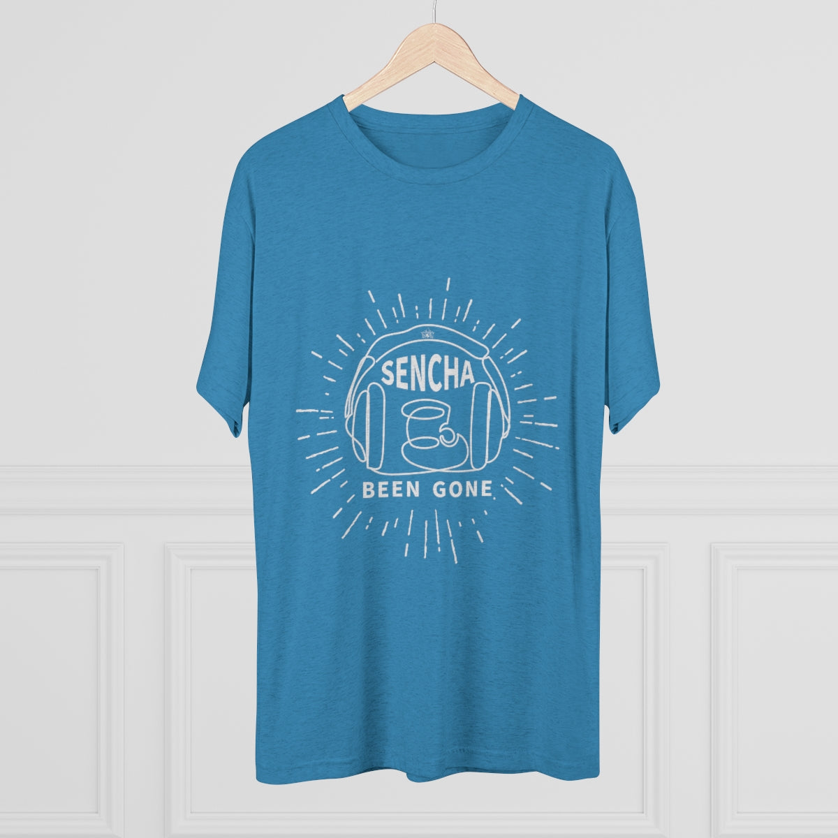 Blue graphic tee featuring "Sencha Been Gone" text and a tea cup design with headphones.
