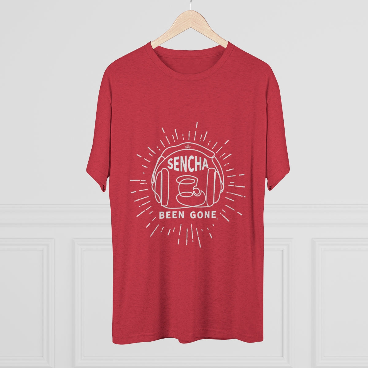Red graphic tee featuring "Sencha Been Gone" text and a tea cup design with headphones. Perfect for tea lovers.