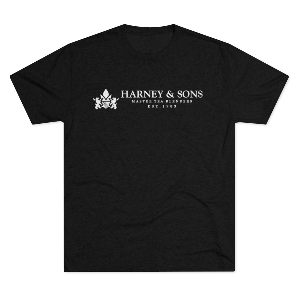 Black graphic tee featuring "Harney & Sons Master Tea Blenders Est. 1983" in white text. Perfect for tea enthusiasts.
