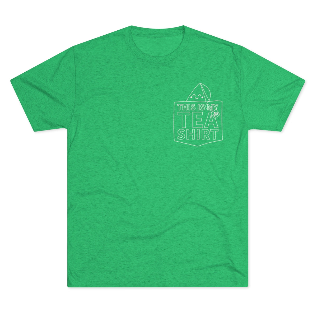 Green graphic tee featuring the text "This Is My TEA SHIRT" and a tea bag illustration. Perfect for tea lovers.