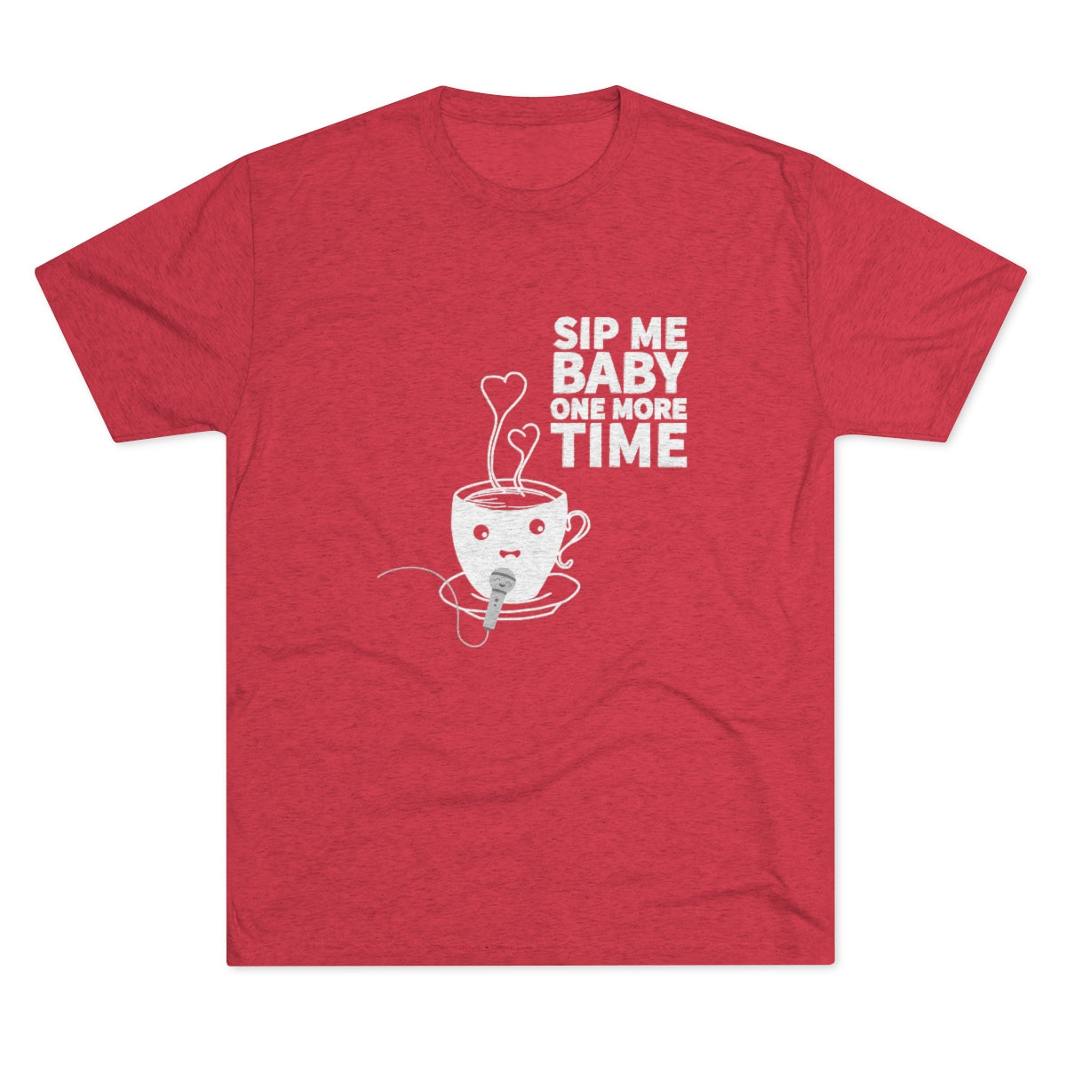 Red graphic tee featuring a playful coffee cup design with the text "Sip Me Baby One More Time.
