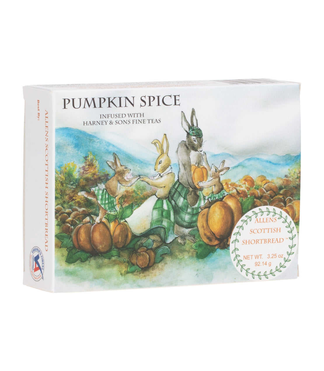 Allens Scottish Shortbread box featuring a whimsical illustration of rabbits harvesting pumpkins, Pumpkin Spice flavor.