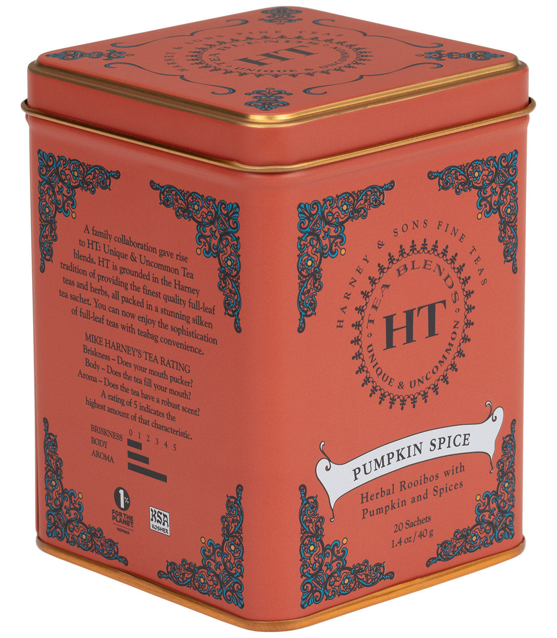 "Harney & Sons Pumpkin Spice tea tin featuring herbal rooibos blend with spices, 20 sachets, decorative design.