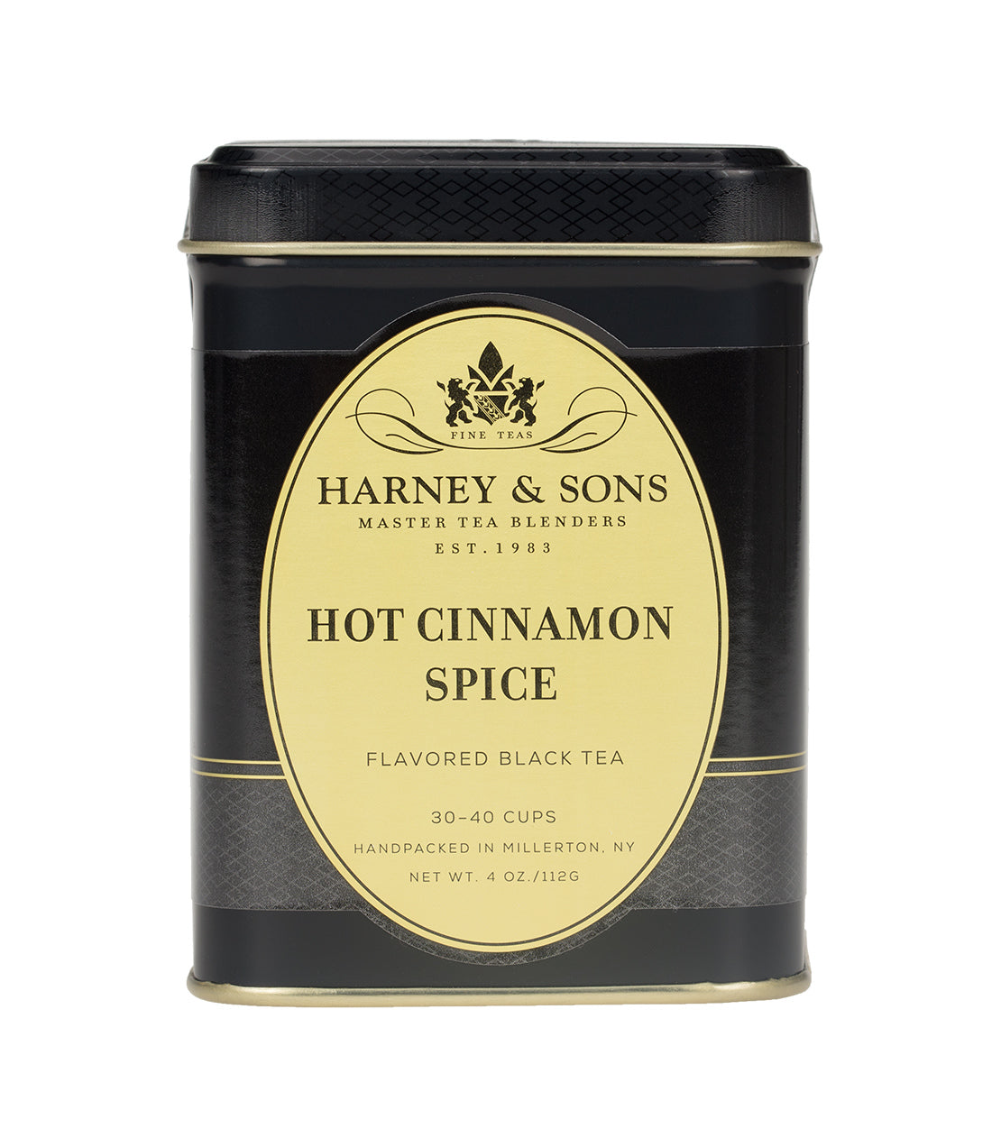 Black tea tin labeled "Hot Cinnamon Spice" by Harney & Sons, featuring a gold and black design.