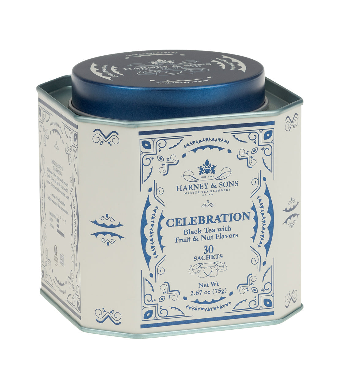 Tin of 30 Celebration black tea sachets by Harney & Sons, featuring fruit and nut flavors, 2.67 oz.