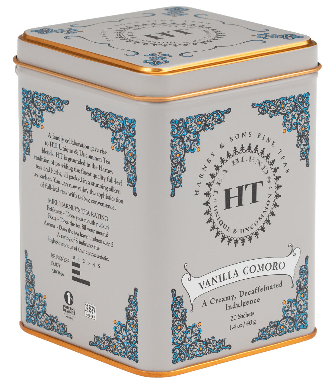 "HT Tin of 20 Decaf Vanilla Comoro sachets, featuring elegant design and creamy, decaffeinated tea.