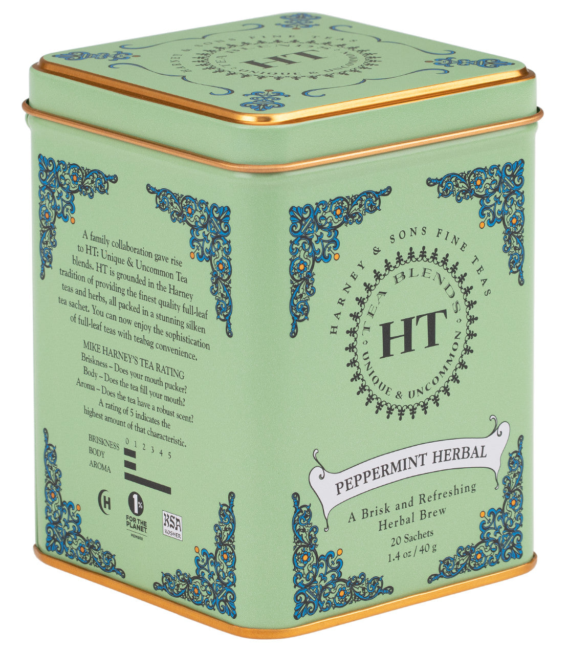 Green tin of Harney & Sons Peppermint Herbal tea, containing 20 sachets, featuring ornate blue and gold design.