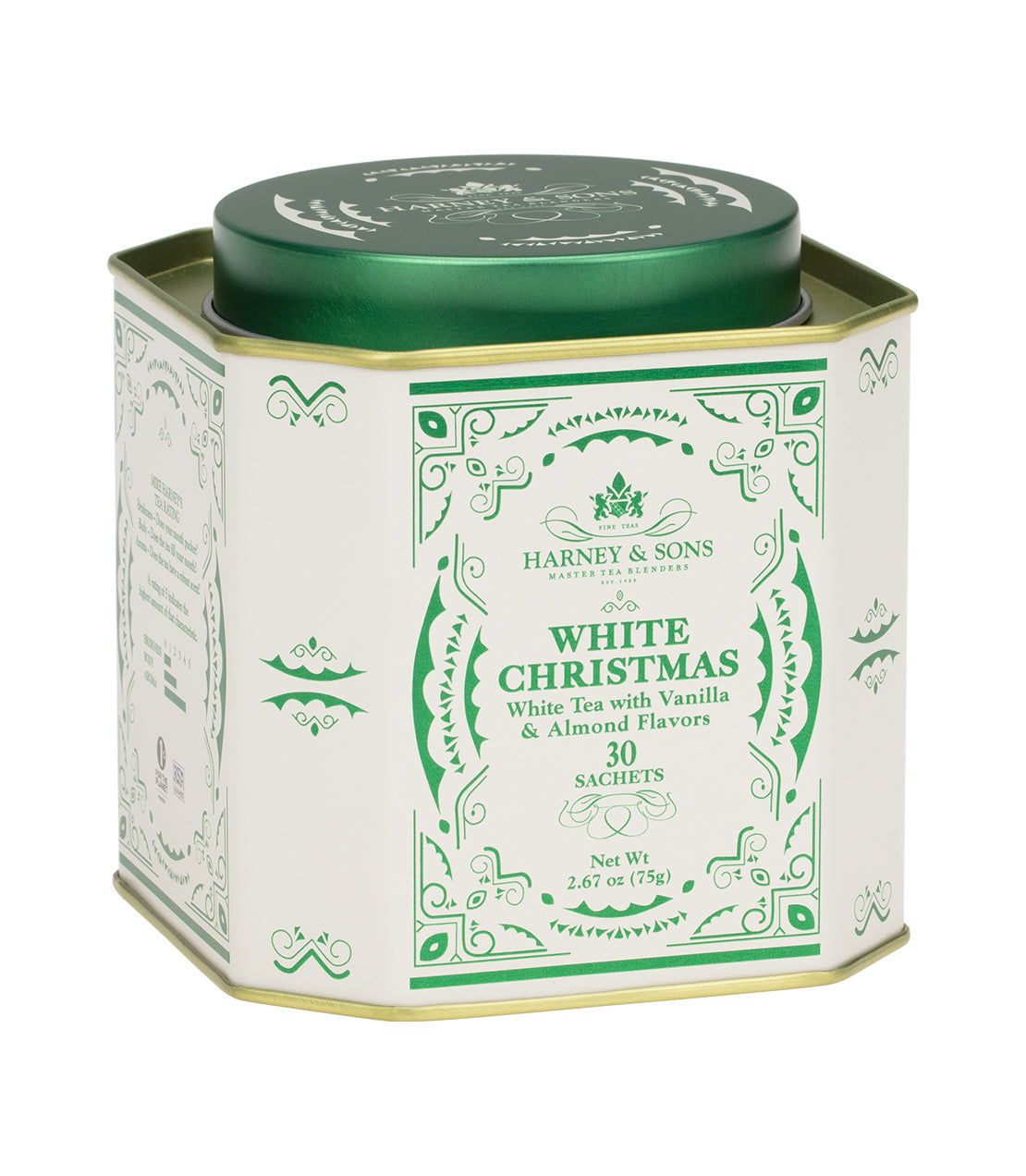 Tin of 30 White Christmas tea sachets by Harney & Sons, featuring vanilla and almond flavors, elegantly designed.