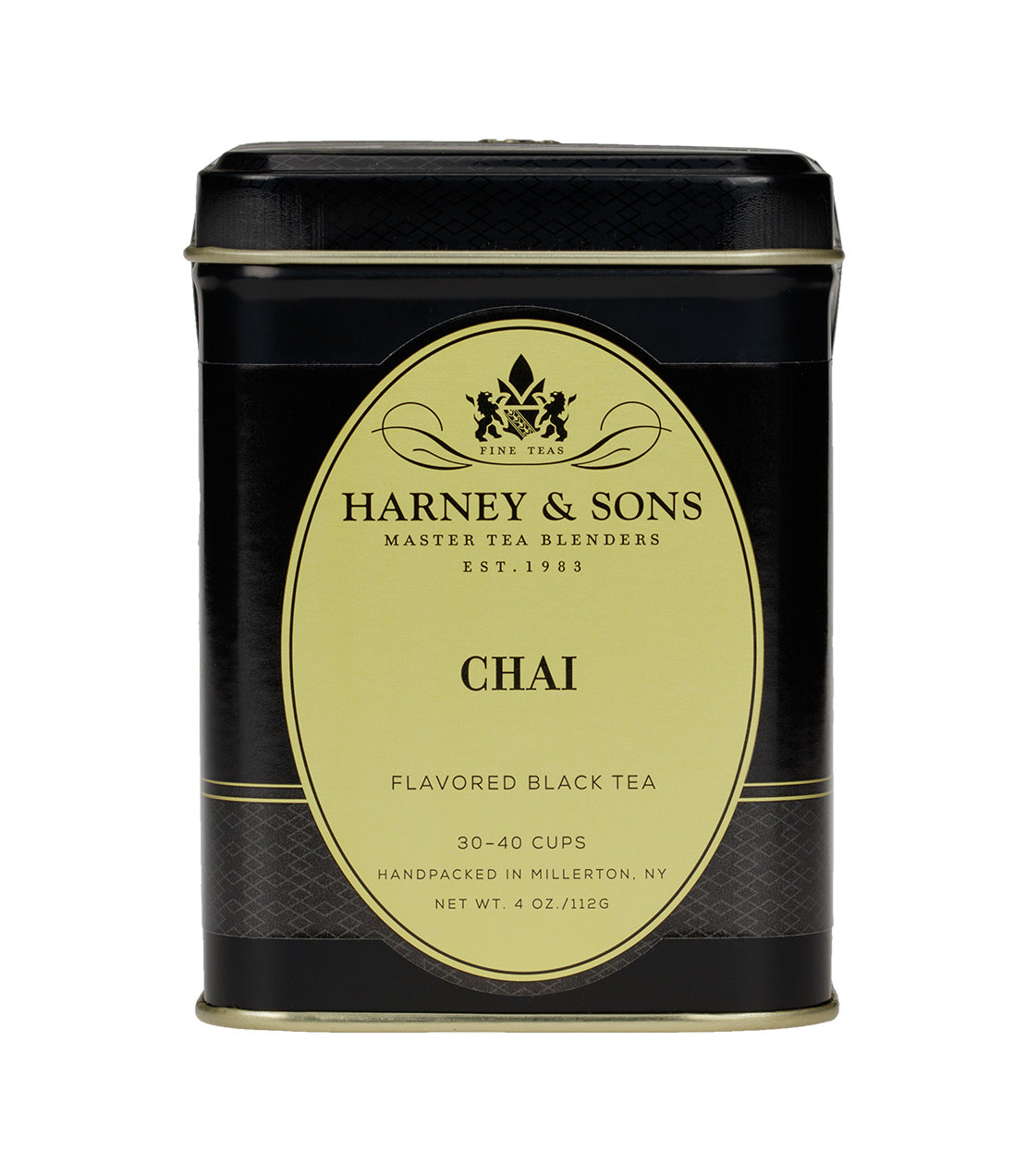 Harney & Sons Chai flavored black tea tin, 4 oz, handpacked in Millerton, NY, brews 30-40 cups.