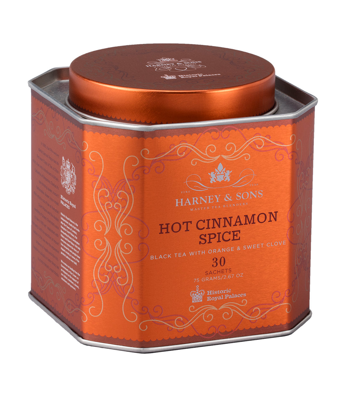 Harney & Sons Hot Cinnamon Spice tea tin, featuring a hexagonal design and orange label, contains 30 sachets.