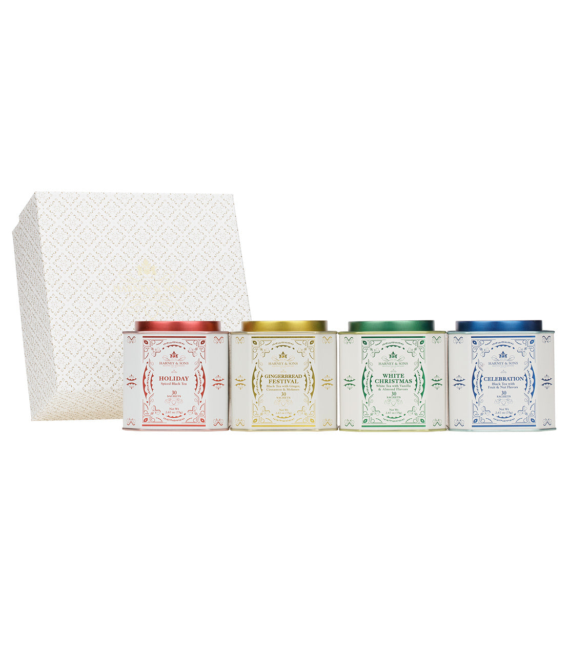 "Teas the Season Sachet Gift featuring four decorative tins in red, gold, green, and blue, packaged in a festive box.