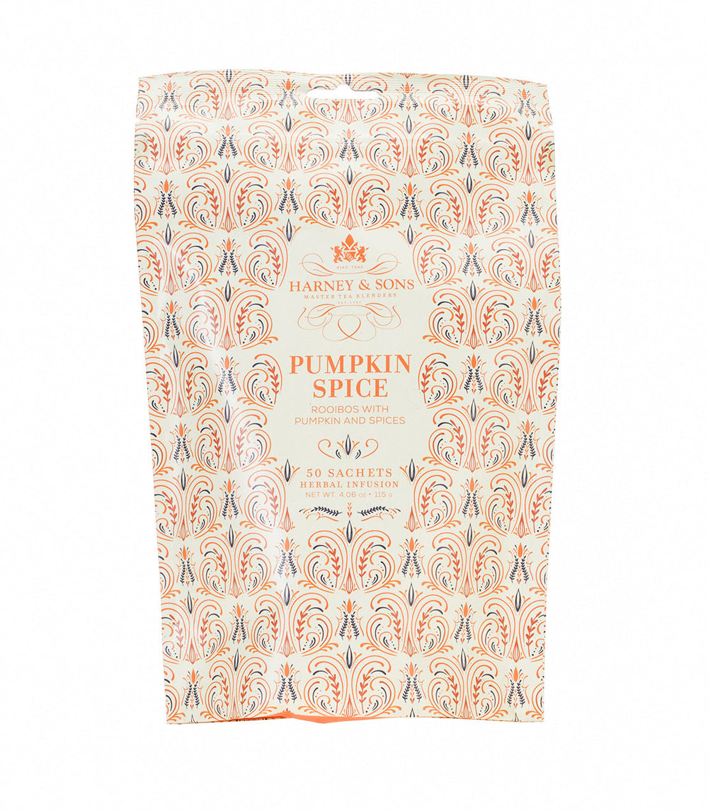 Harney & Sons Pumpkin Spice herbal tea sachets packaging, featuring intricate orange and cream design.