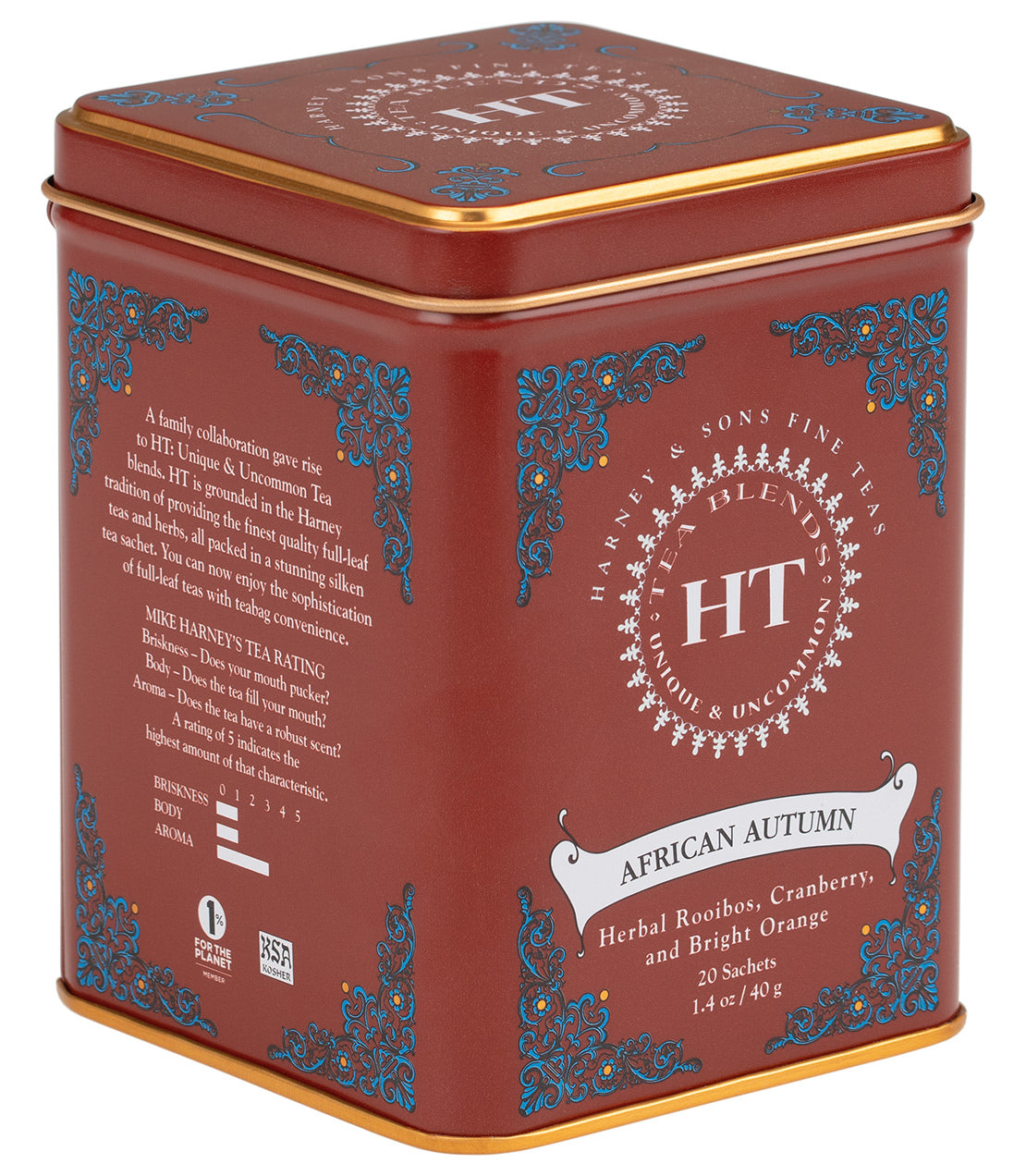 HT African Autumn tea tin featuring 20 sachets, with a vibrant design and flavors of rooibos, cranberry, and orange.