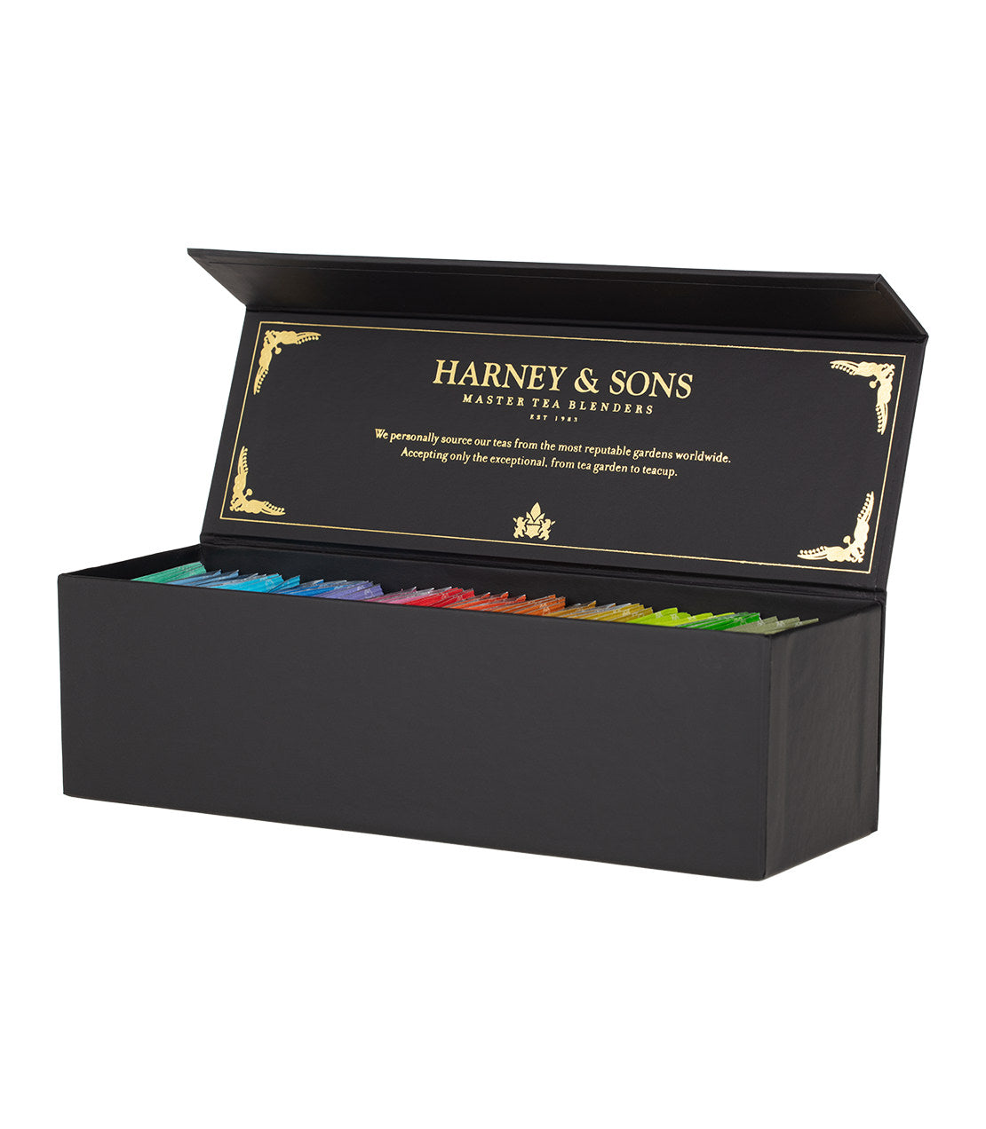 Elegant black box of Harney & Sons Teabag & Honey Sampler featuring a variety of colorful tea bags.