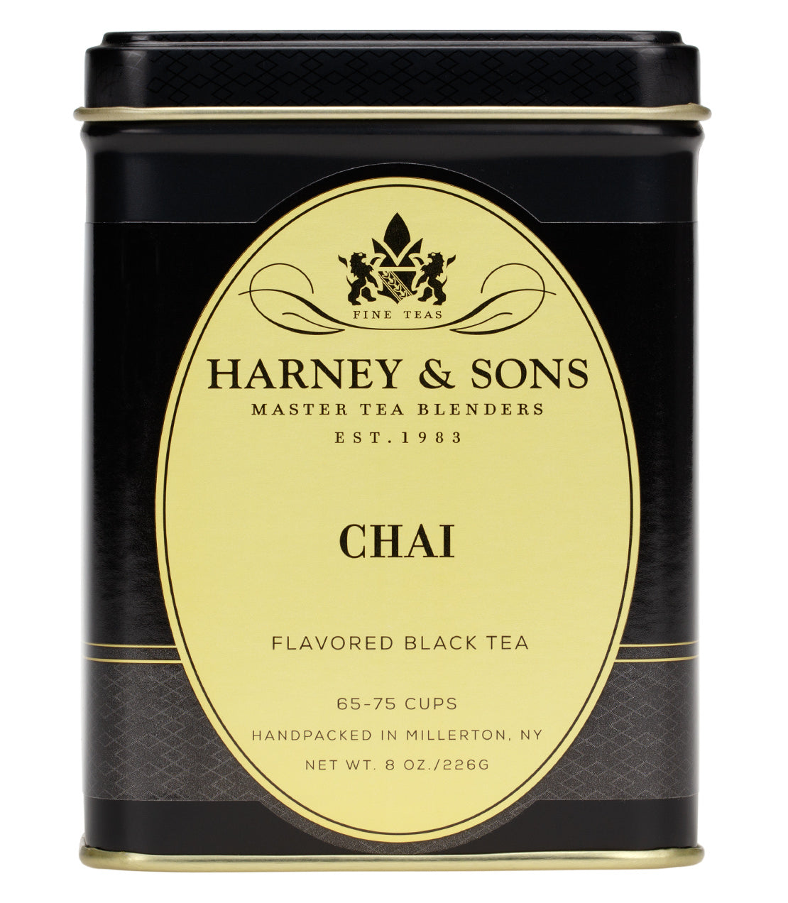 Harney & Sons Chai flavored black tea tin, 8 oz, yields 65-75 cups, elegantly designed packaging.