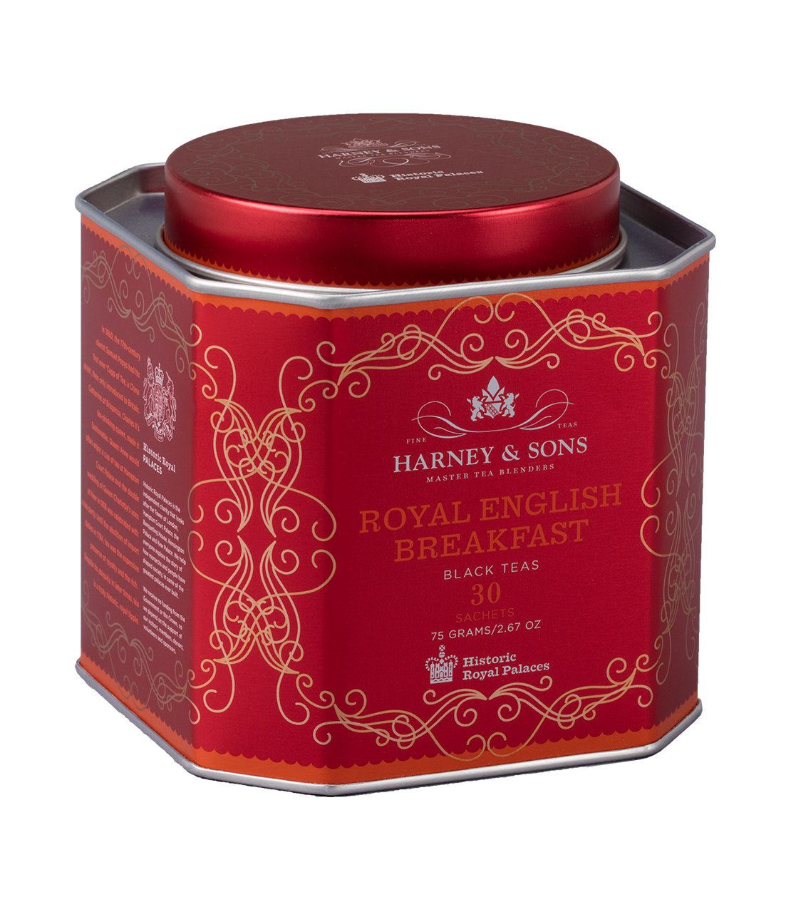 Royal English Breakfast tea tin by Harney & Sons, containing 30 sachets, elegantly designed in red and gold.