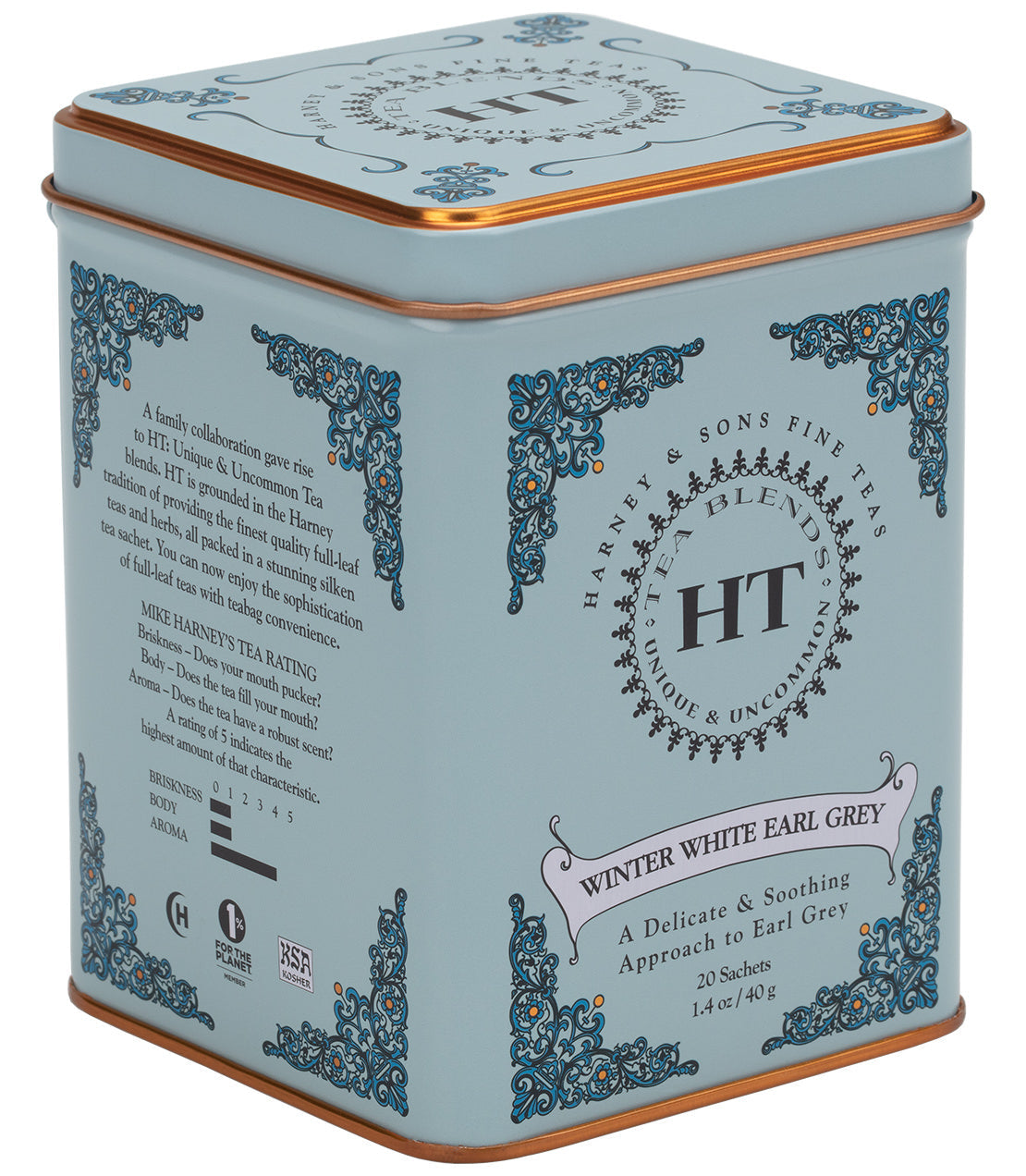 Winter White Earl Grey tea tin by Harney & Sons, containing 20 sachets, featuring a delicate design.