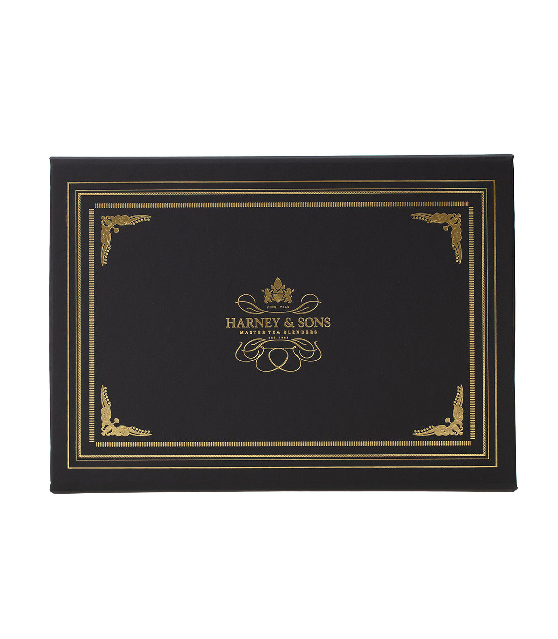 Elegant black tea chest from Harney & Sons, featuring gold accents and logo, perfect for loose tea gifting.