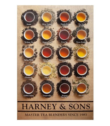 Harney & Sons tea poster featuring various brewed teas with names and colors, showcasing tea blends since 1983.