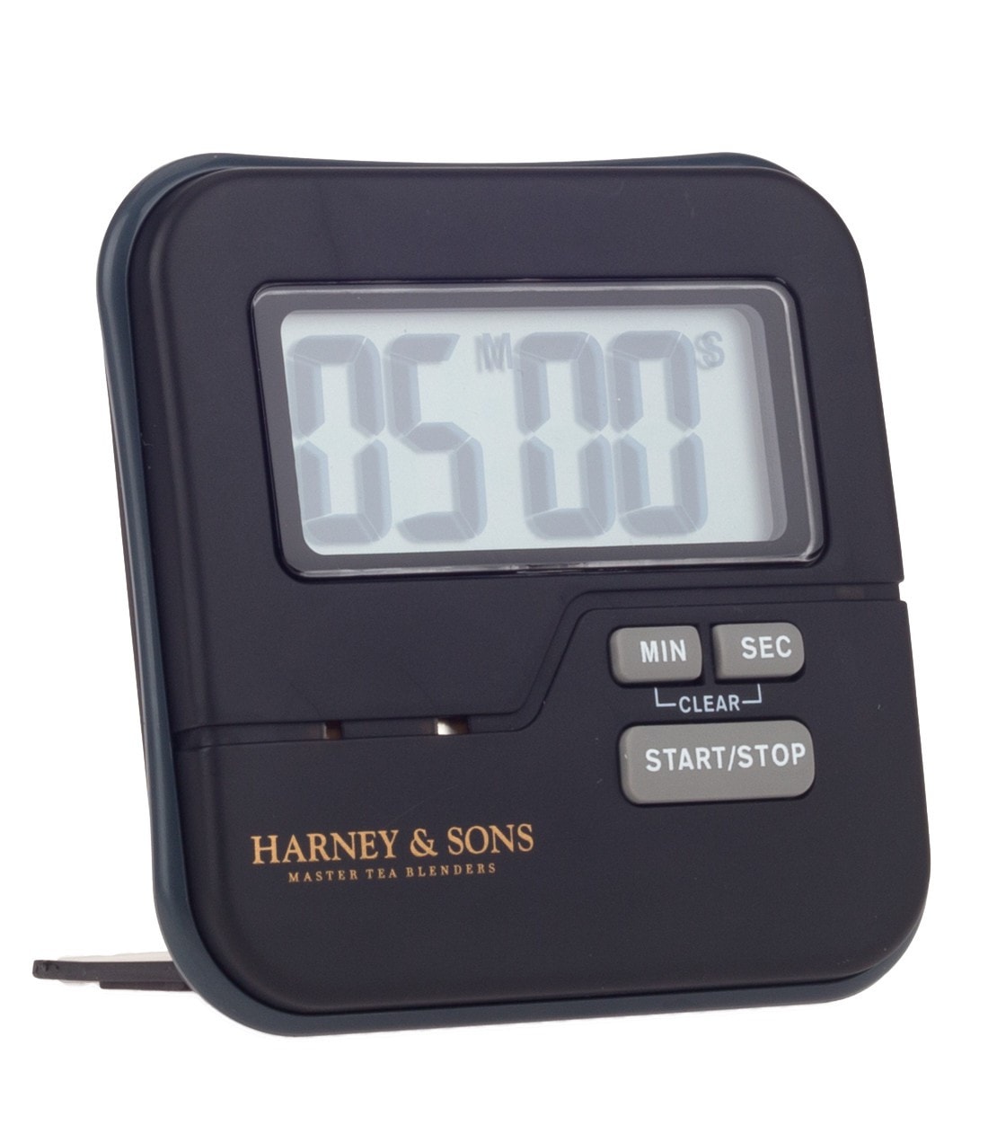 Harney & Sons logo timer with a digital display showing 05:00, featuring buttons for min, sec, and start/stop.