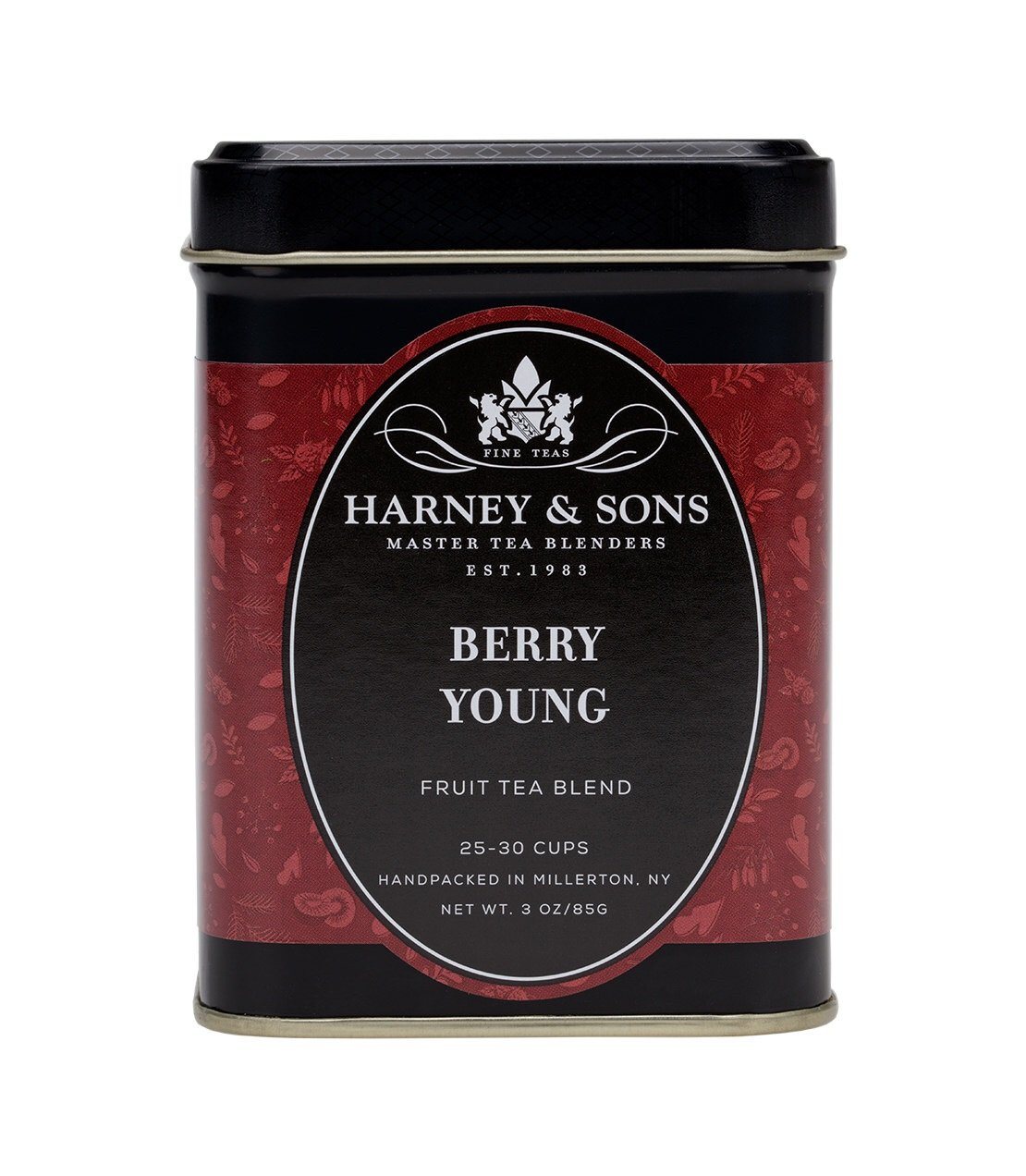 Harney & Sons Berry Young fruit tea blend tin, 3 oz, featuring elegant black and red design.