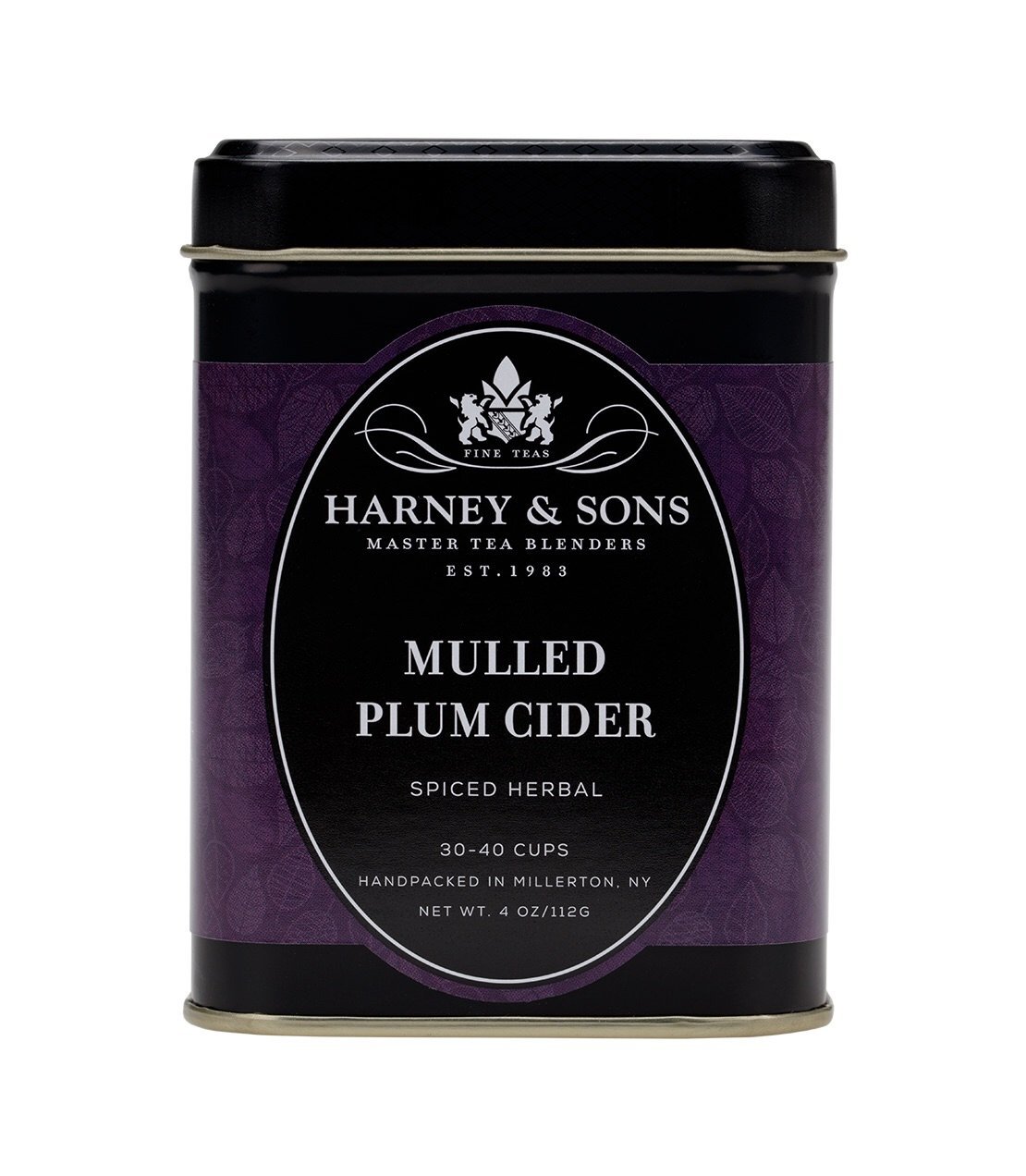 Harney & Sons Mulled Plum Cider tin, 4 oz, featuring a black and purple design, ideal for spiced herbal tea.
