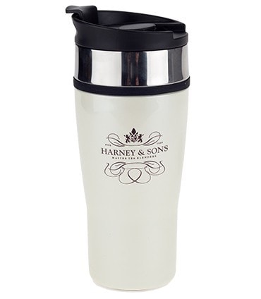 White travel tumbler with a black lid and silver band, featuring the Harney & Sons logo. Perfect for on-the-go beverages.