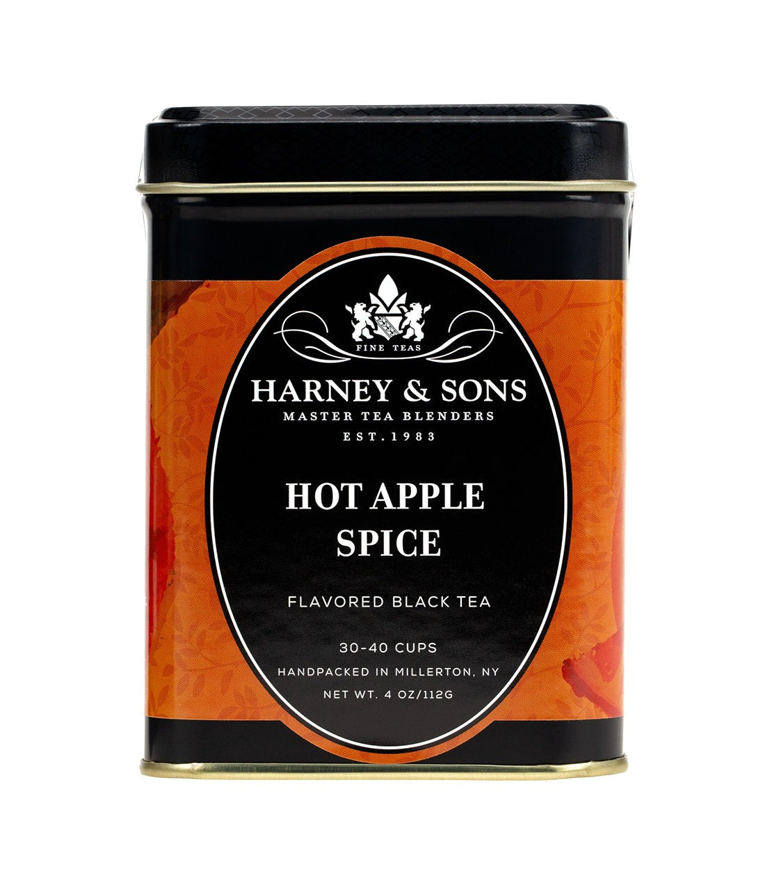 Harney & Sons Hot Apple Spice tea tin, 4 oz, featuring a black label and vibrant apple-themed design.