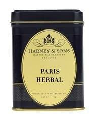 Black tin of Harney & Sons Paris Herbal tea, featuring a gold label with the product name and brand logo.
