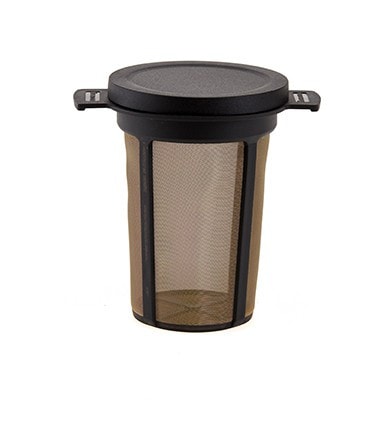 Large Harney Permanent Tea Filter with a mesh design and a black lid, ideal for brewing loose leaf tea.