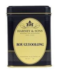 Black tin of Harney & Sons Rou Gui Oolong tea, featuring a gold label with elegant design and brand logo.
